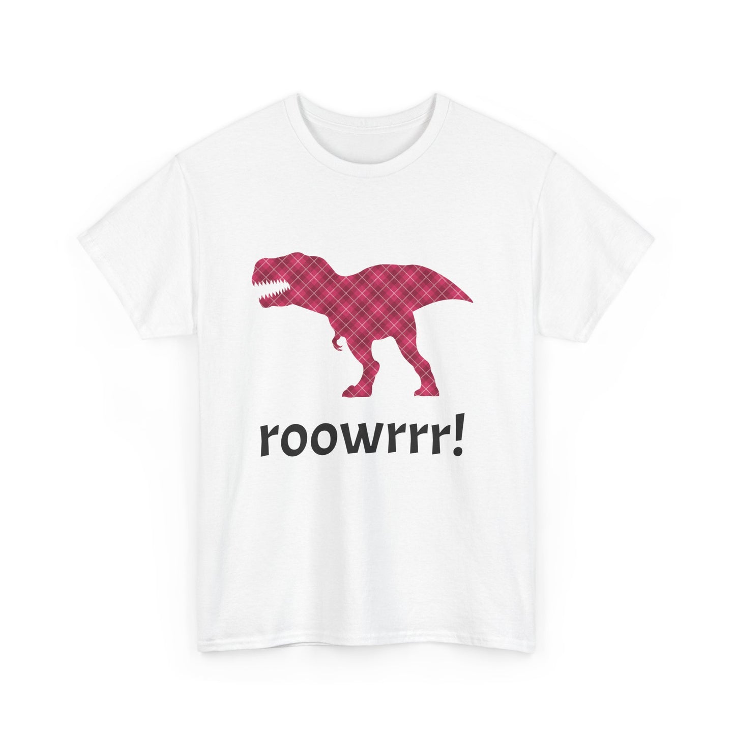 White Dinosaur Tee - T-rex!! Fashionable Dino in Pink Plaid Print