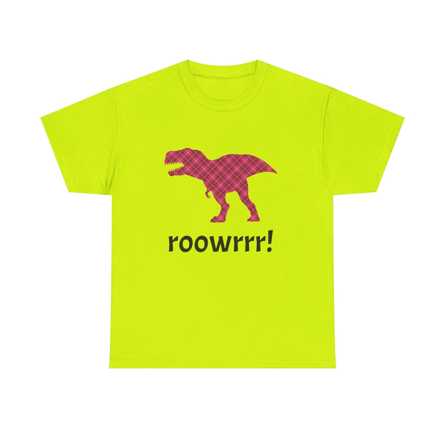 Safety green bright Dinosaur Tee - T-rex!! Fashionable Dino in Pink Plaid Print