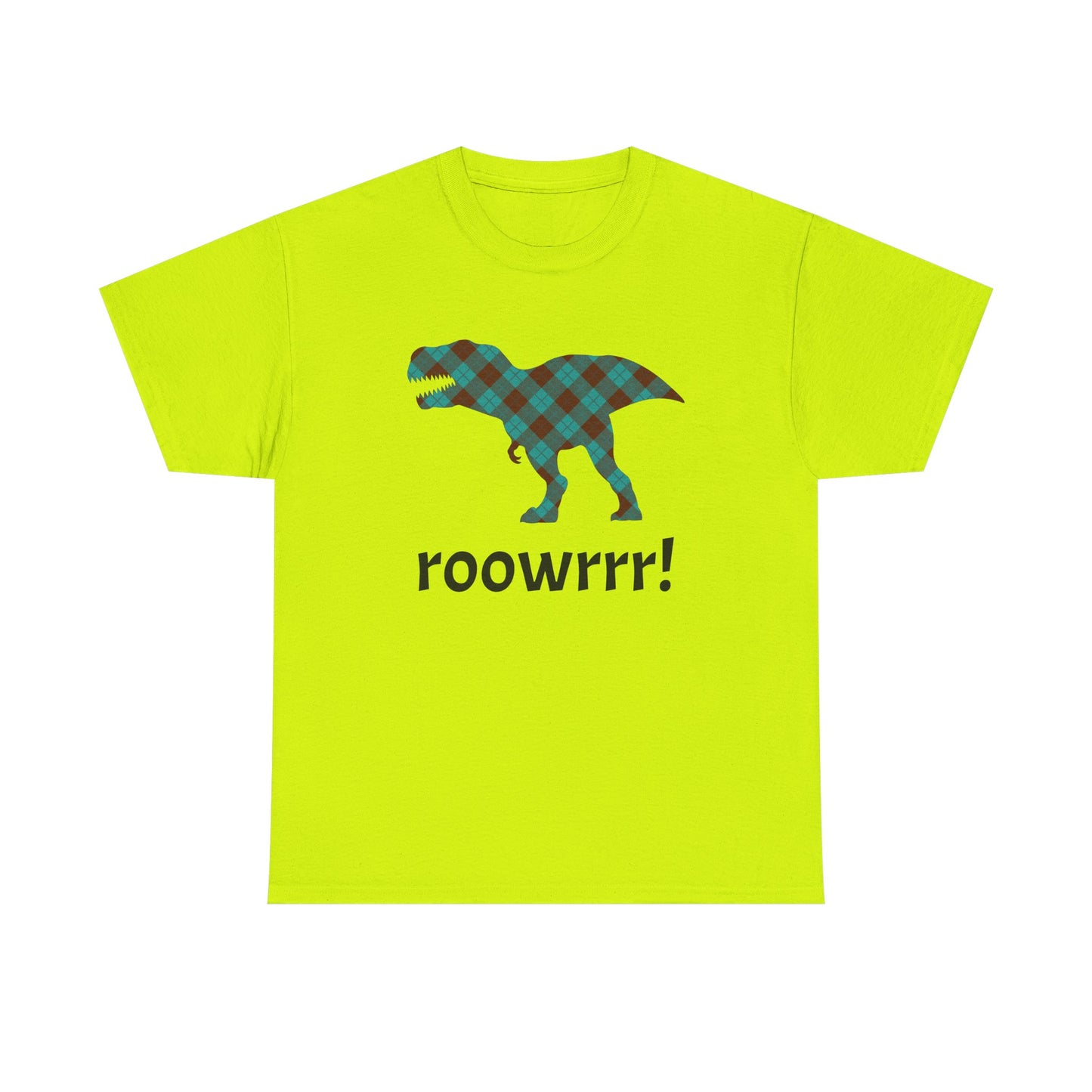 Bright yellow Dinosaur Tee - T-rex!! Fashionable Dino in teal Plaid Print