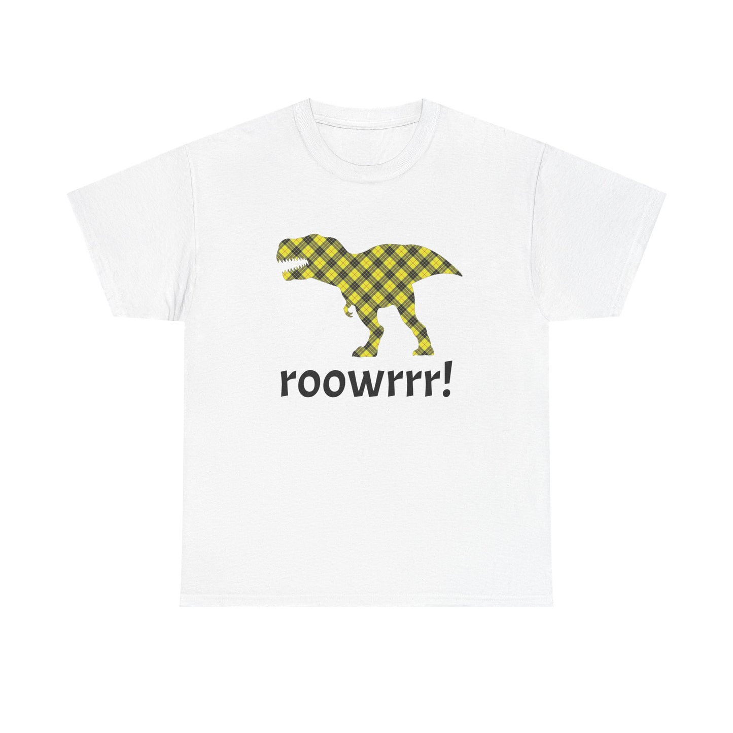 White Dinosaur Tee - T-rex!! Fashionable Dino in Yellow Plaid Print