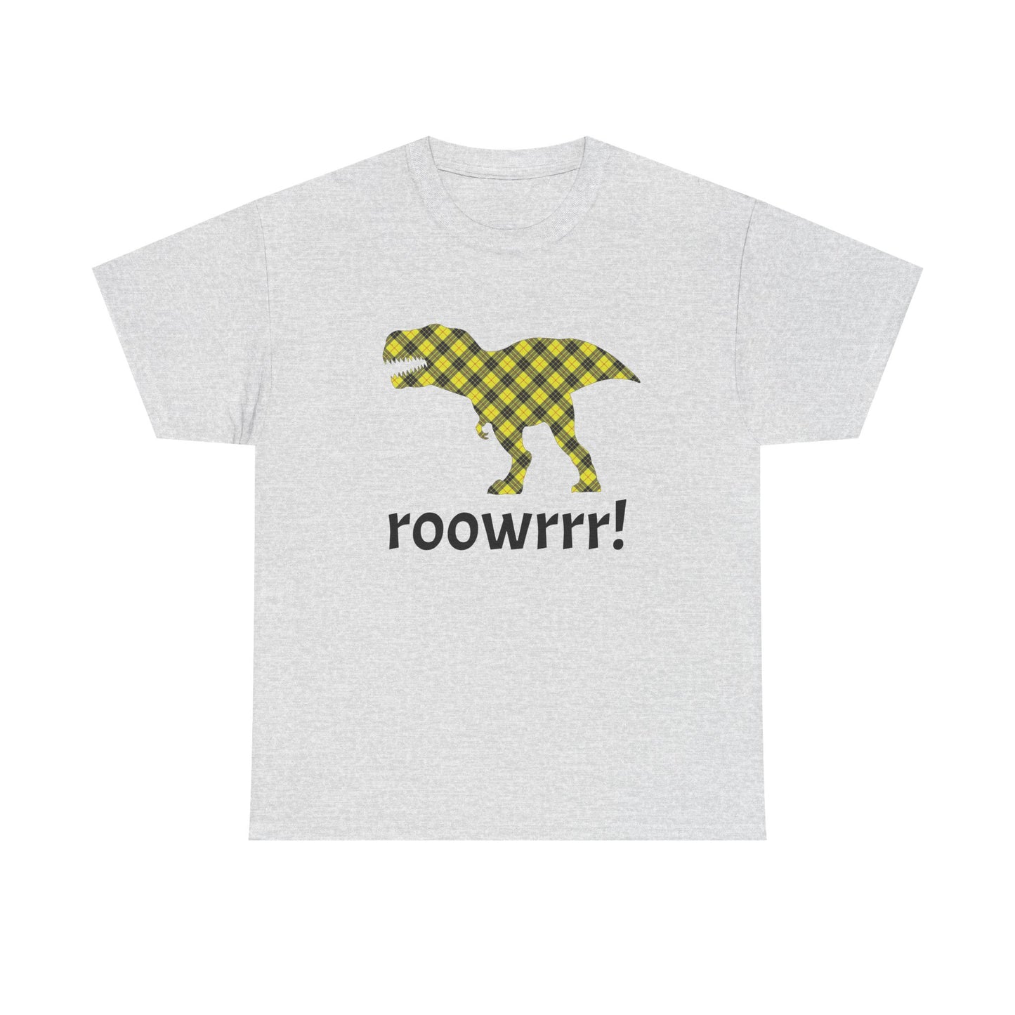 Ash Grey Dinosaur Tee - T-rex!! Fashionable Dino in Yellow Plaid Print