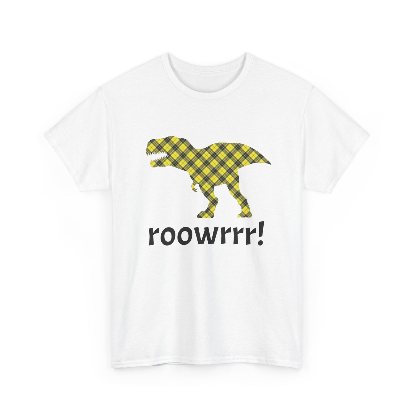 White Dinosaur Tee - T-rex!! Fashionable Dino in Yellow Plaid Print