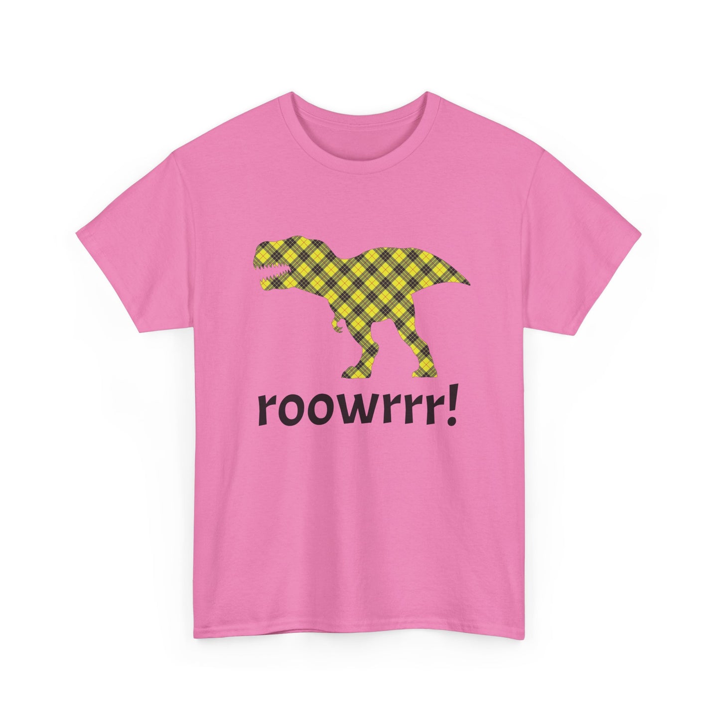 Dark Pink Dinosaur Tee - T-rex!! Fashionable Dino in Yellow Plaid Print