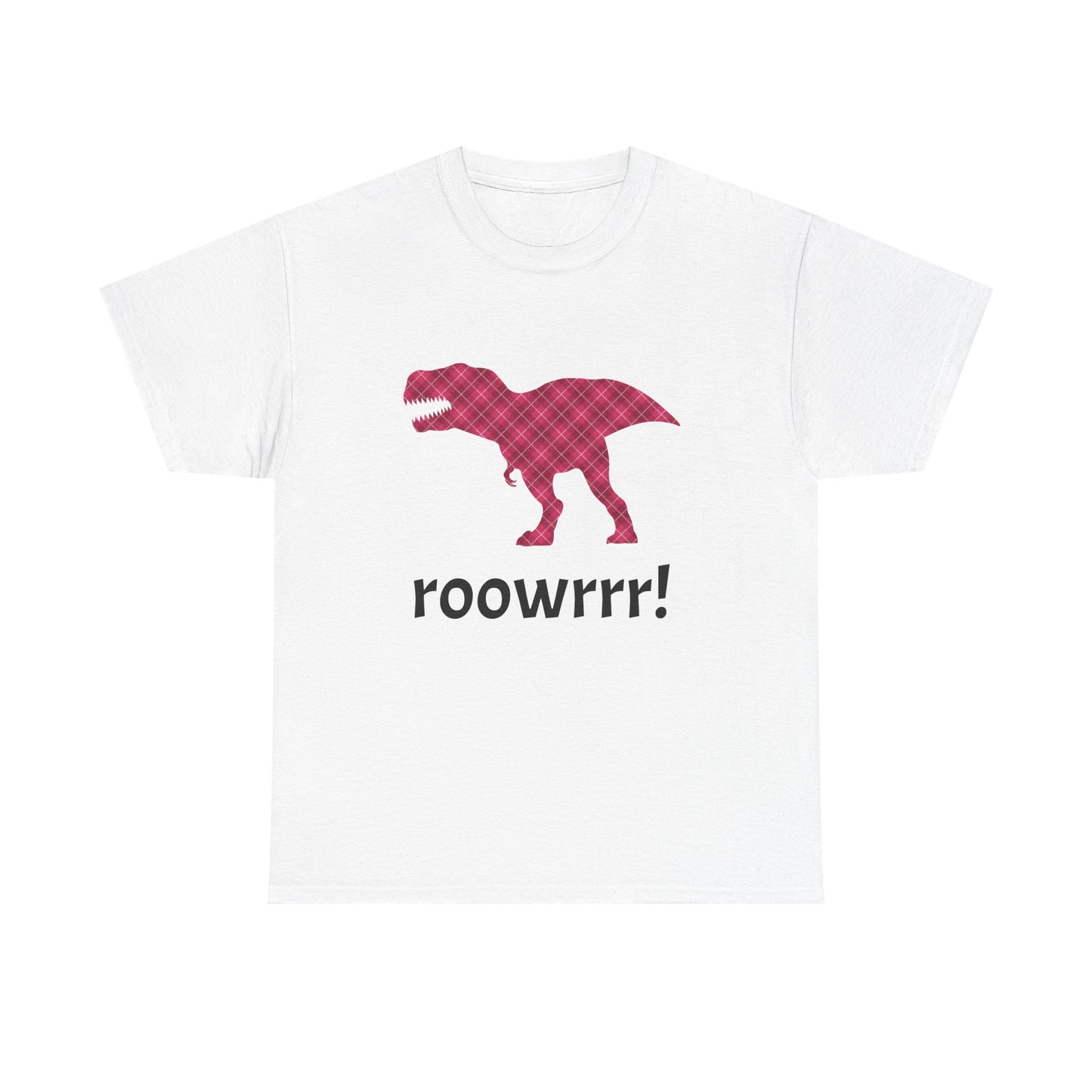 White Dinosaur Tee - T-rex!! Fashionable Dino in Pink Plaid Print