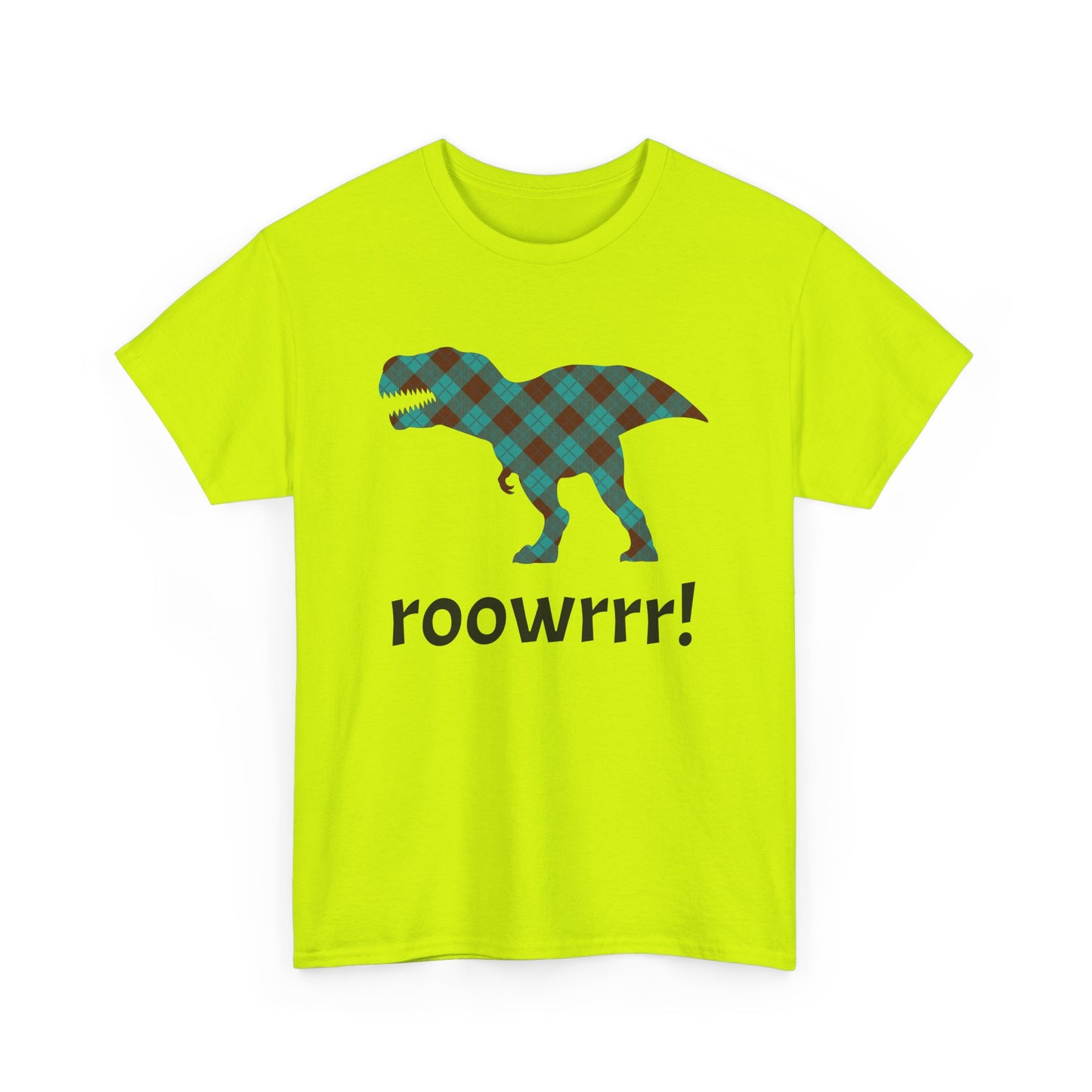 Bright yellow Dinosaur Tee - T-rex!! Fashionable Dino in teal Plaid Print