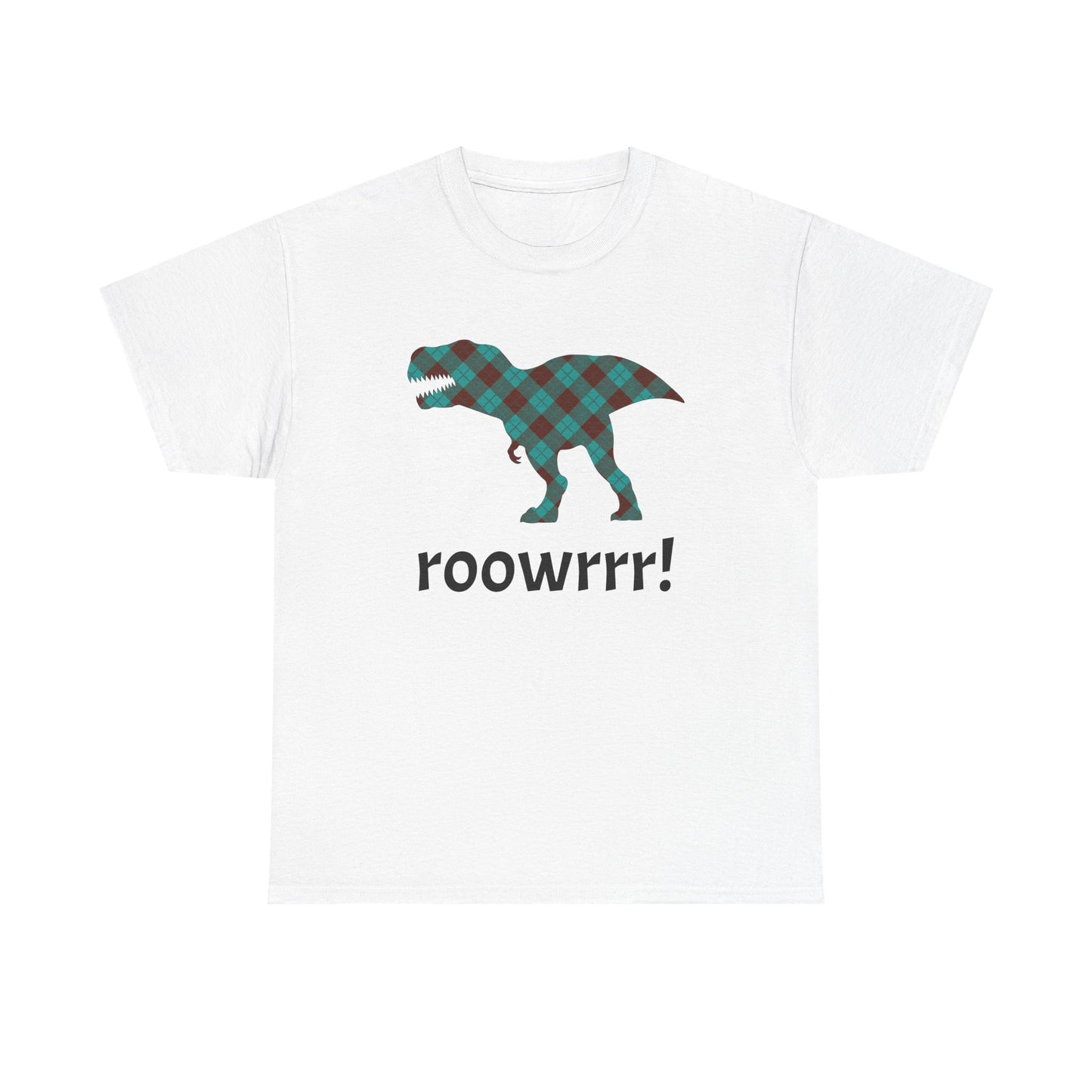 White Dinosaur Tee - T-rex!! Fashionable Dino in teal Plaid Print