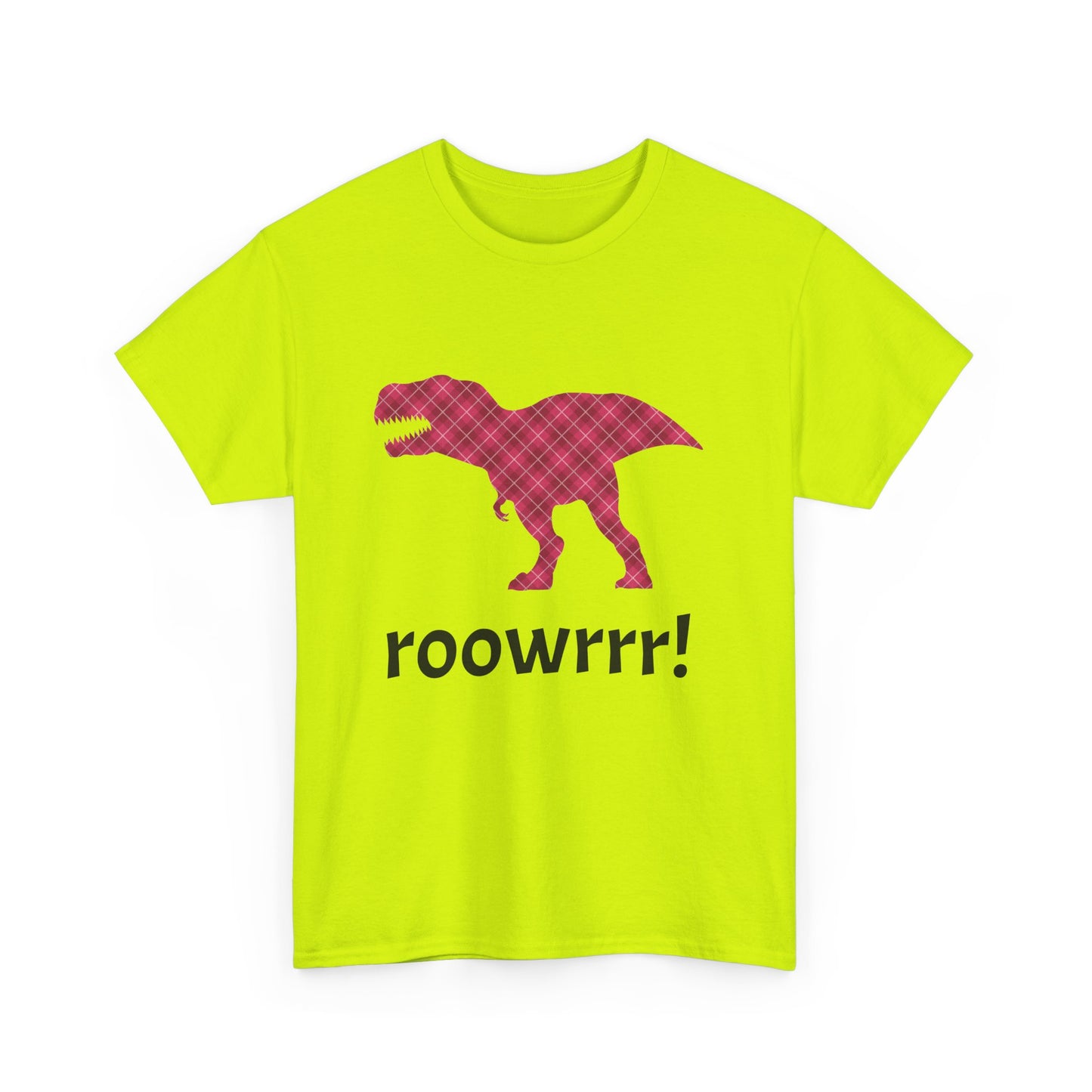 Safety green bright Dinosaur Tee - T-rex!! Fashionable Dino in Pink Plaid Print
