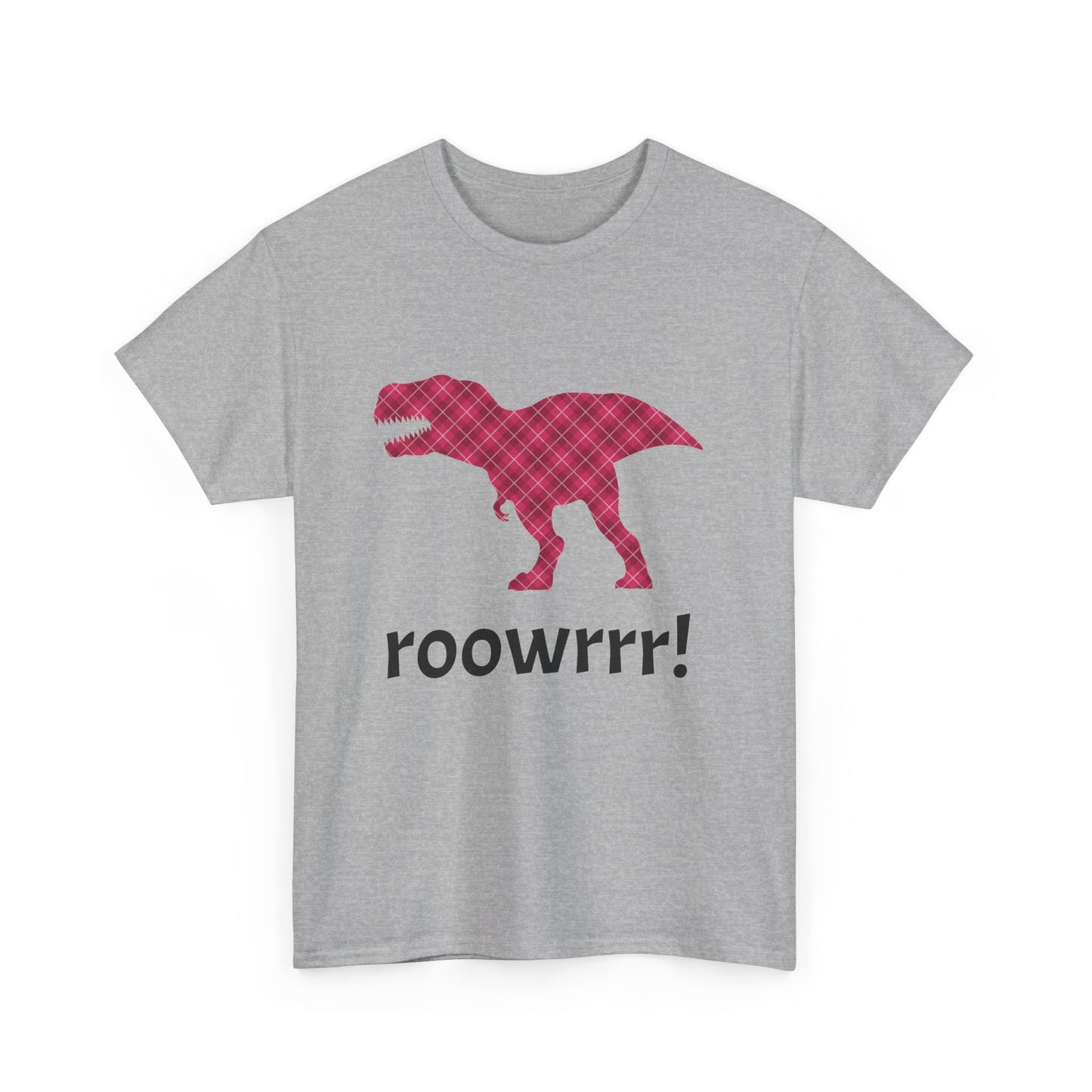 Grey Dinosaur Tee - T-rex!! Fashionable Dino in Pink Plaid Print