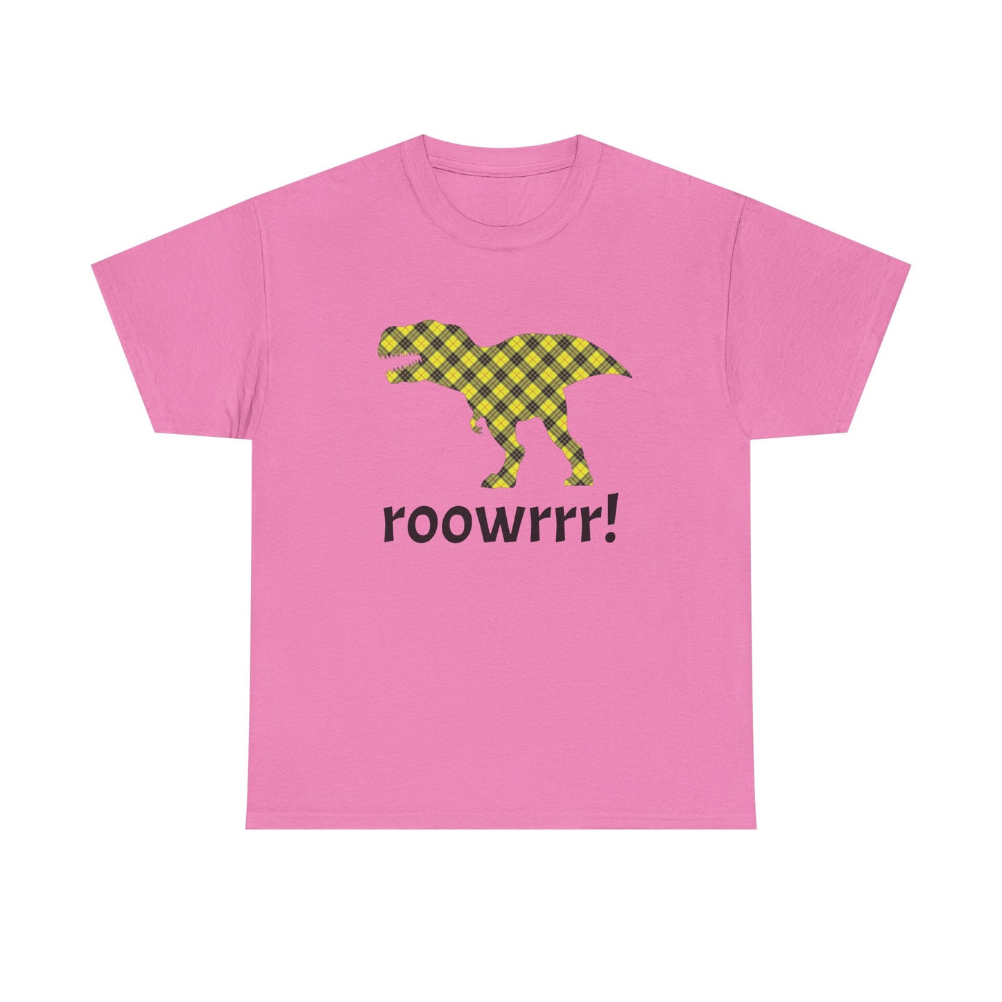 Dark Pink Dinosaur Tee - T-rex!! Fashionable Dino in Yellow Plaid Print