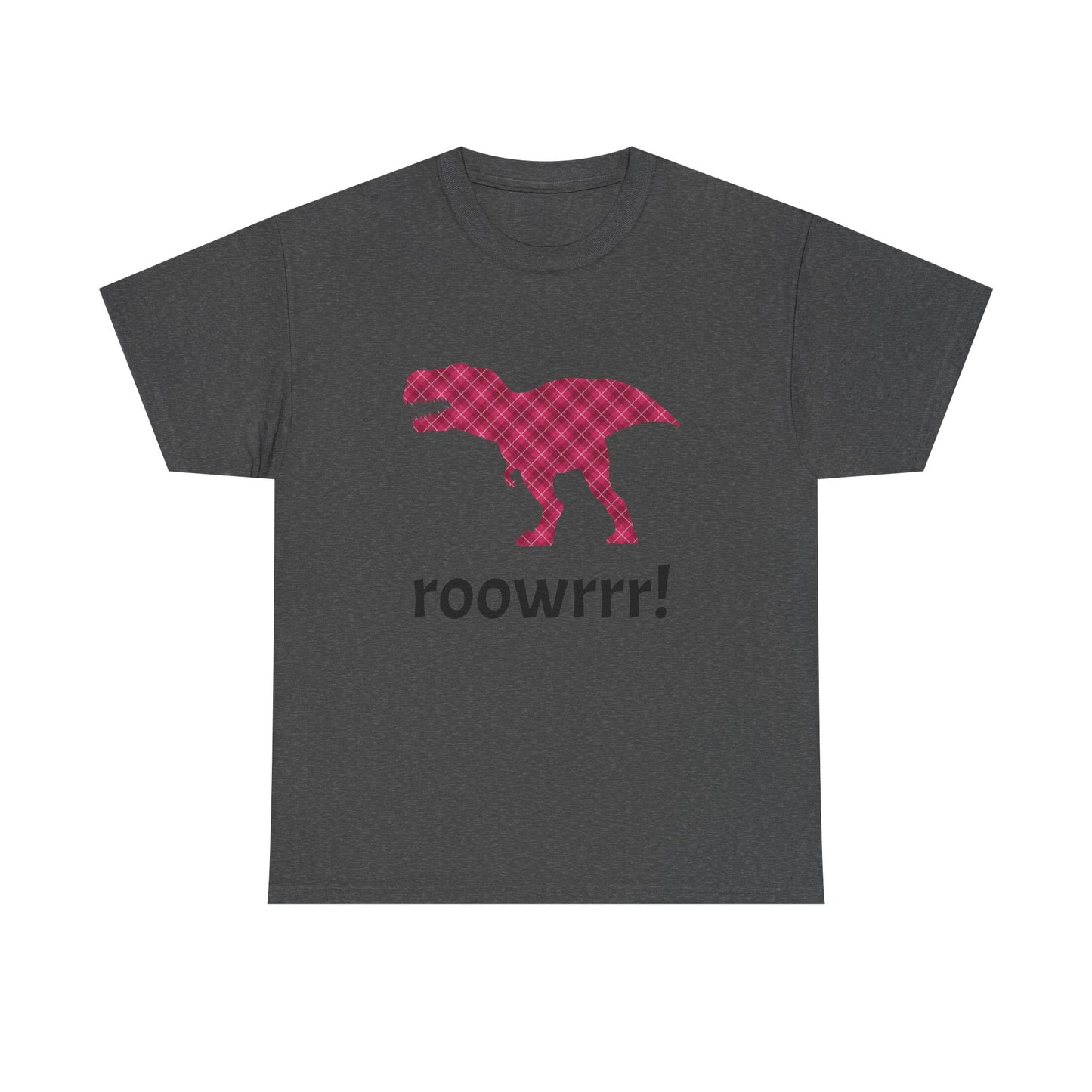 Dark grey Dinosaur Tee - T-rex!! Fashionable Dino in Pink Plaid Print