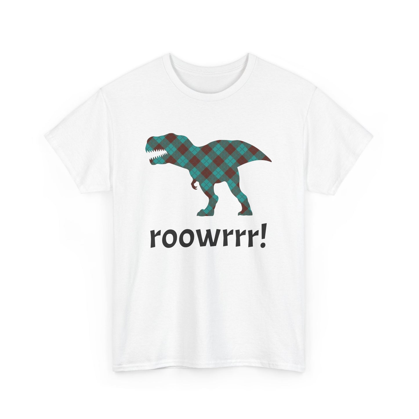 White Dinosaur Tee - T-rex!! Fashionable Dino in teal Plaid Print